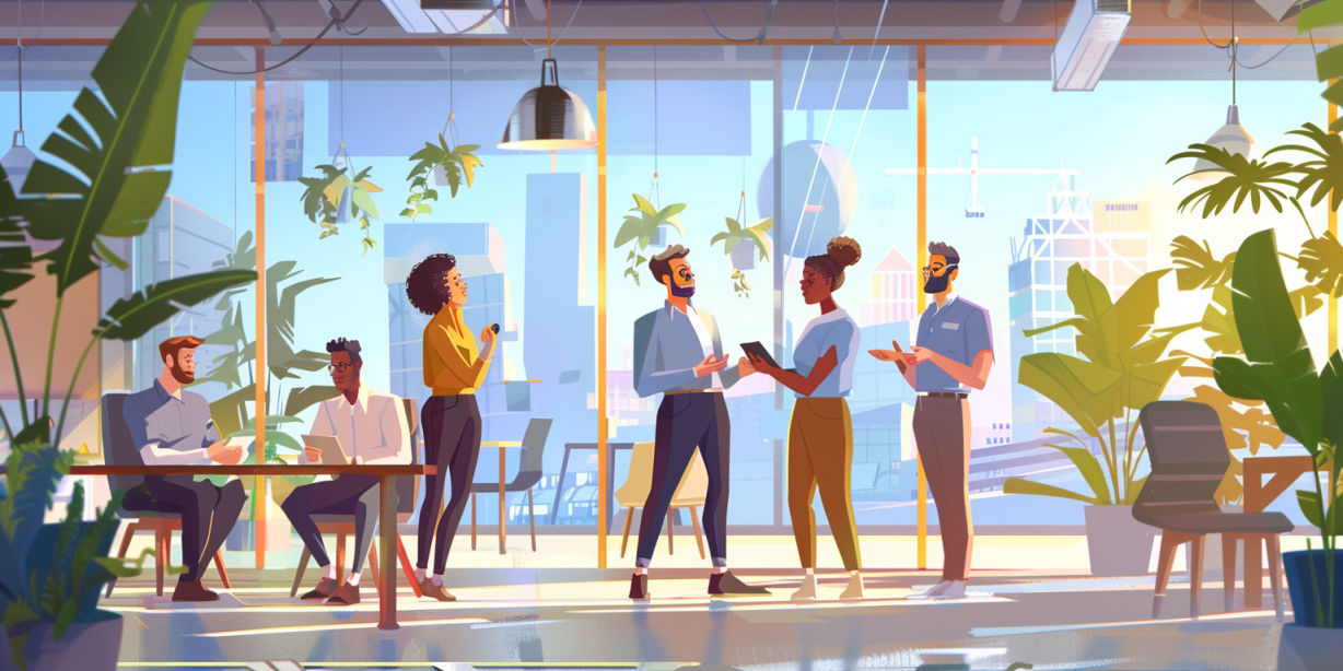 Image d'un club deal, illustration avec 6 personnes dans un bureau.